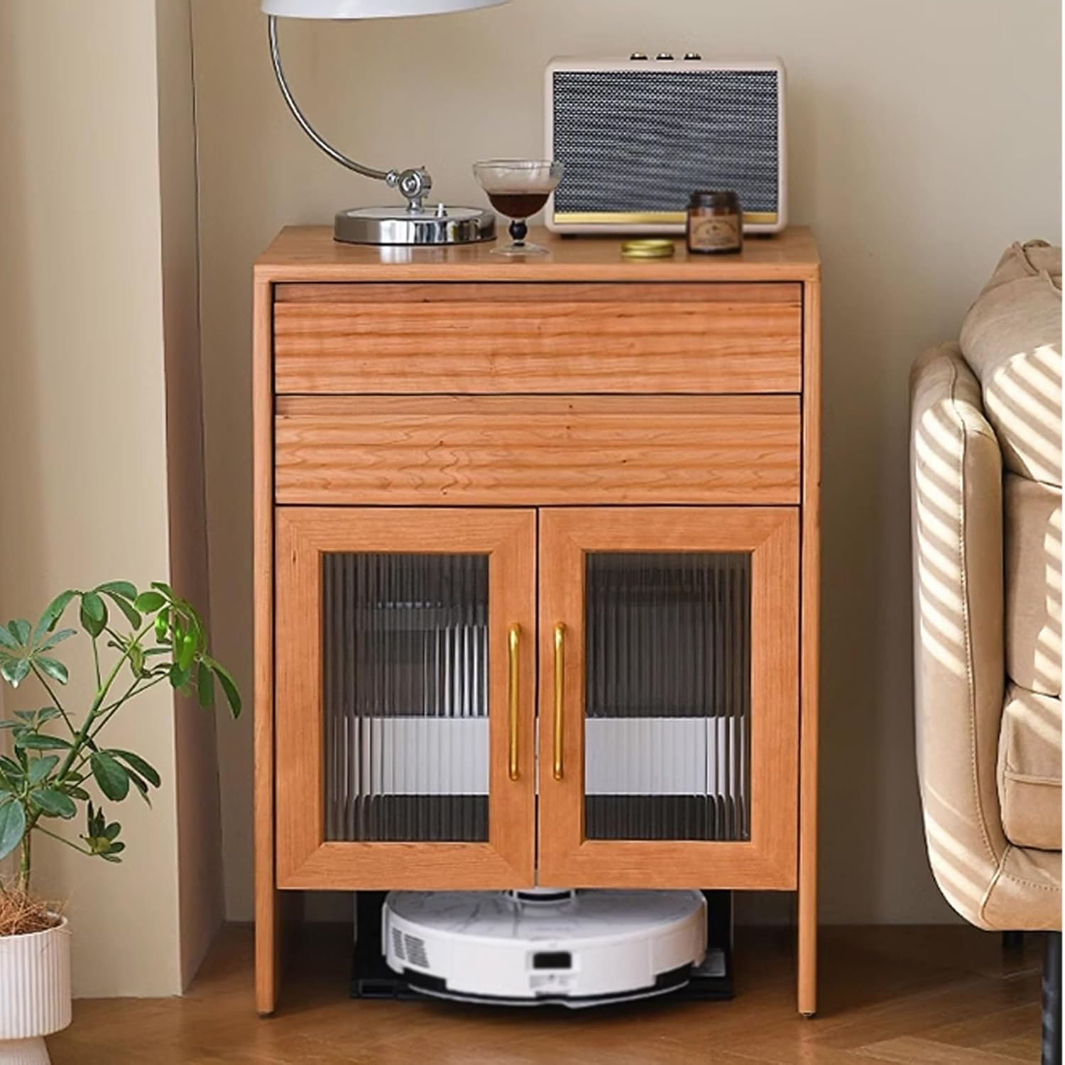 Small Storage Cabinet with Doors for Self Emptying Robot Vacuum Cleaner, Couch Side Table Swivel, Home Office Hidden Smart Sweeper Stand with 2 Drawers