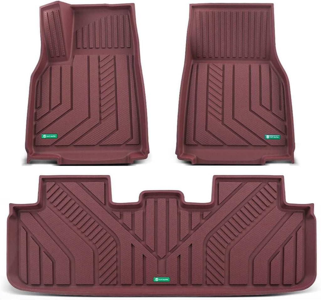 YHTAUTO Floor Mats Compatible with Tesla Model Y Juniper 2025 2026 (5-Seat), TPE Floor Liners All Weather Custom Fit, 1st & 2nd Row, Set of 3, Red