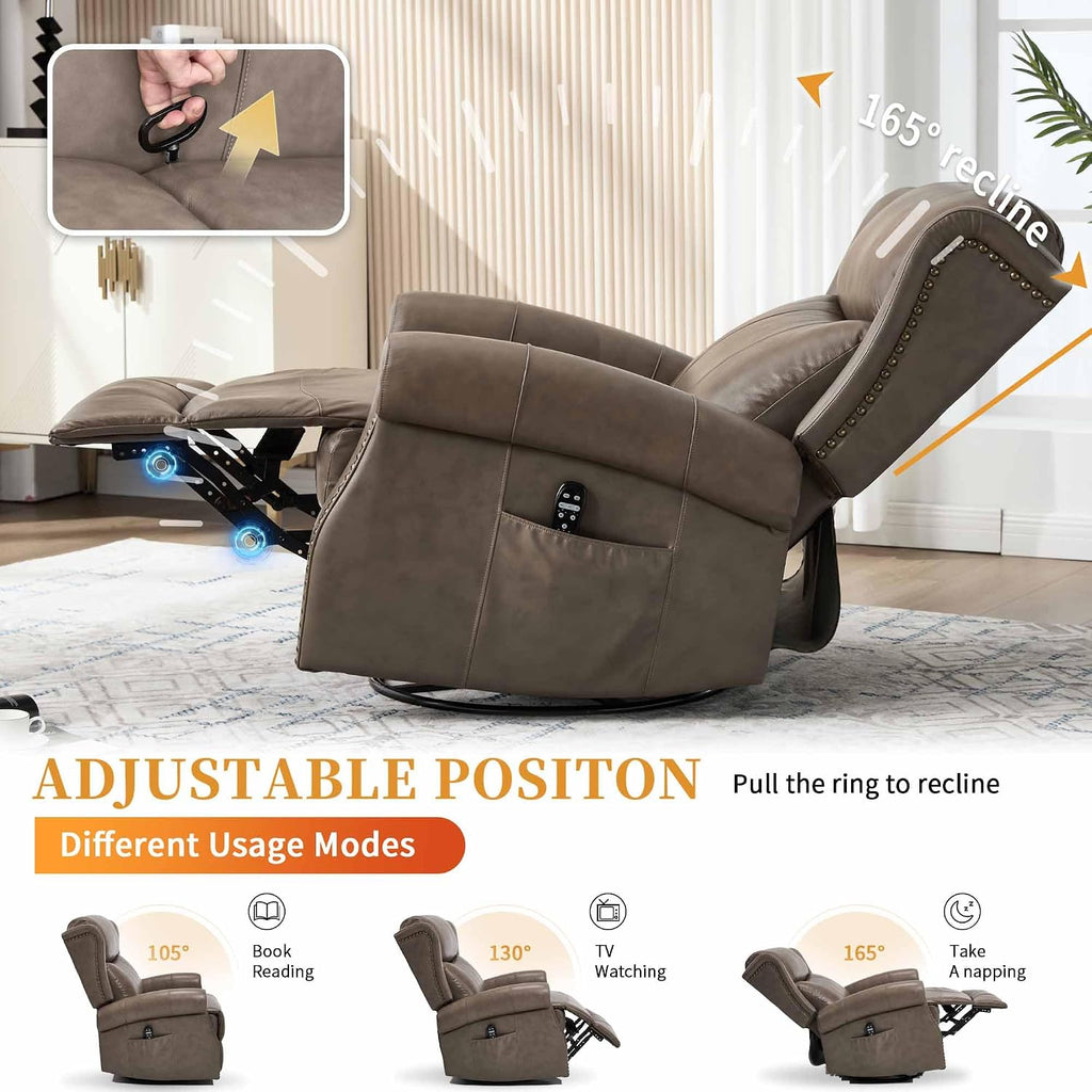 360° Swivel Glider Chair for Nursery, Wingback Genuine Leather Rocking Recliner with Lumbar Heat & Massage, 8-Point Vibration Massage for Living Room Bedroom