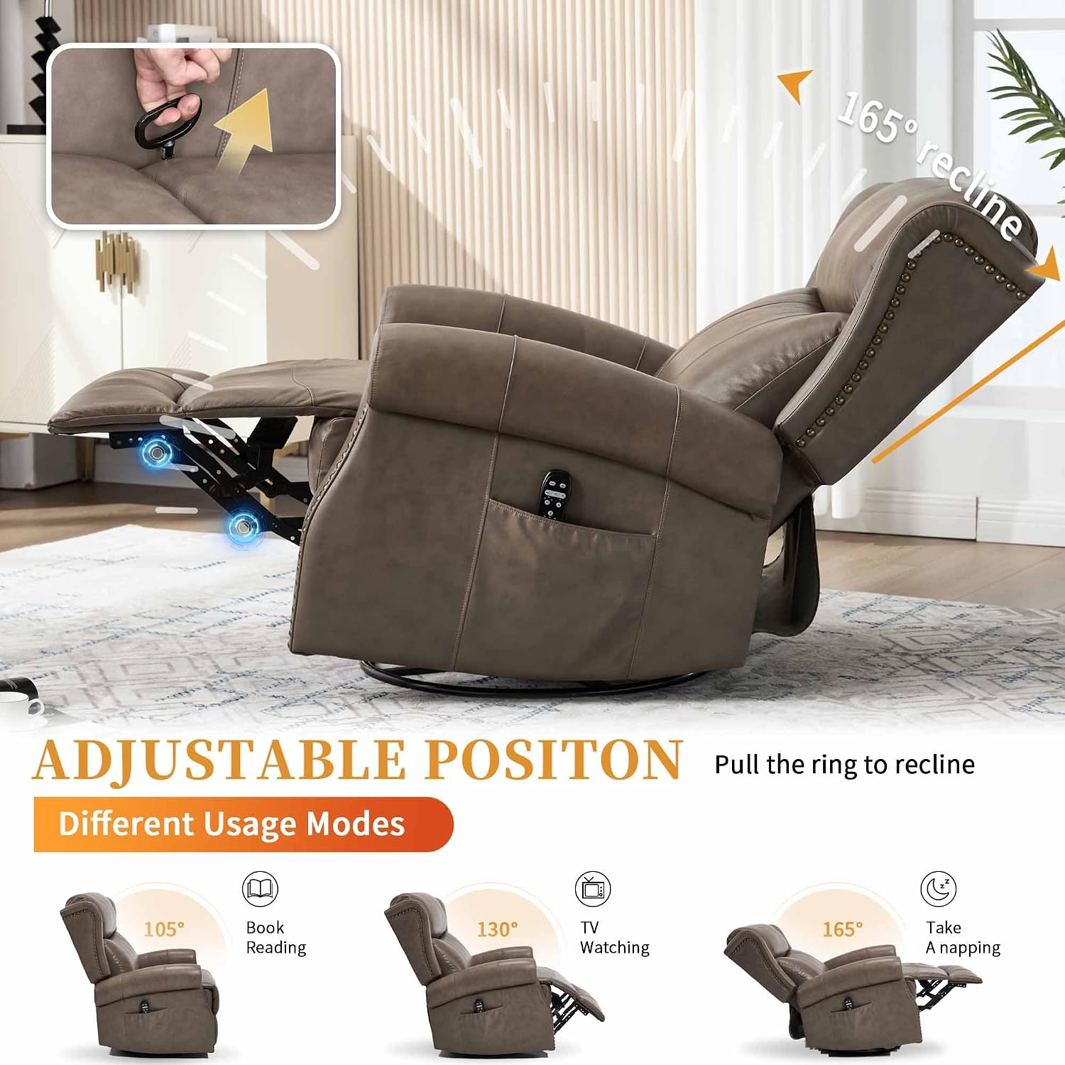 360° Swivel Glider Chair for Nursery, Wingback Genuine Leather Rocking Recliner with Lumbar Heat & Massage, 8-Point Vibration Massage for Living Room Bedroom