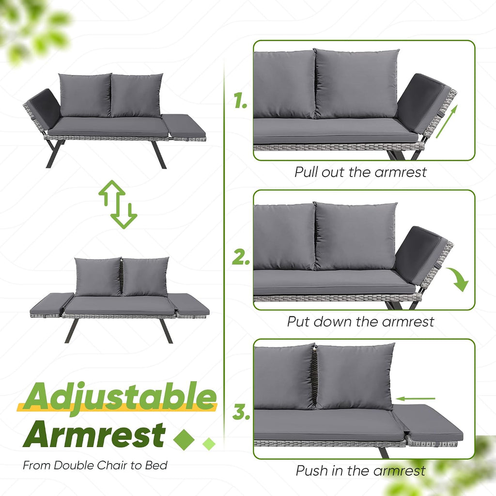 Greesum Outdoor Sofa, Woven Rattan Patio Furniture, Convertible Daybed or Double Chair with Adjustable Armrests, Cushions and Pillows for Yard, Porch, Pool, Gray Lounger & Blue Pillowcase