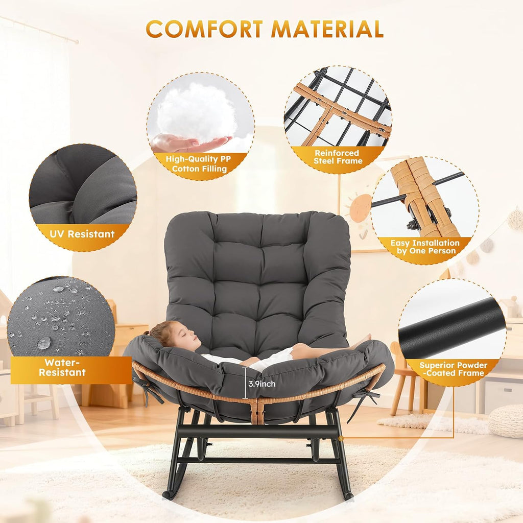 IDEALHOSUE Papasan Rocking Chair with Foot Rest, Ergonomic Papasan Chair with Thick Waterproof Cushion, Metal Frame & PE Rattan Lounge Chairs for Living Room Bedroom Relaxation Space