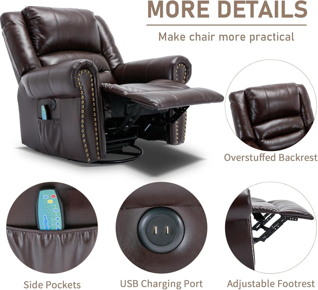 Manual Massage Swivel Rocker Recliner with Heat and Vibration, 360° Swivel Glider Rocking Recliner Chair, Classic Living Room Lounge Recliners with Side Pockets & USB Ports, Brown