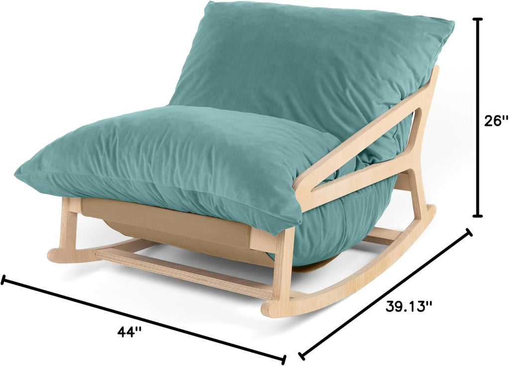 Pillow Saxx Bean Bag Rocking Chair - Elegant Oversized Rocker with Modern Wood Frame, Lush Velvet Turquoise
