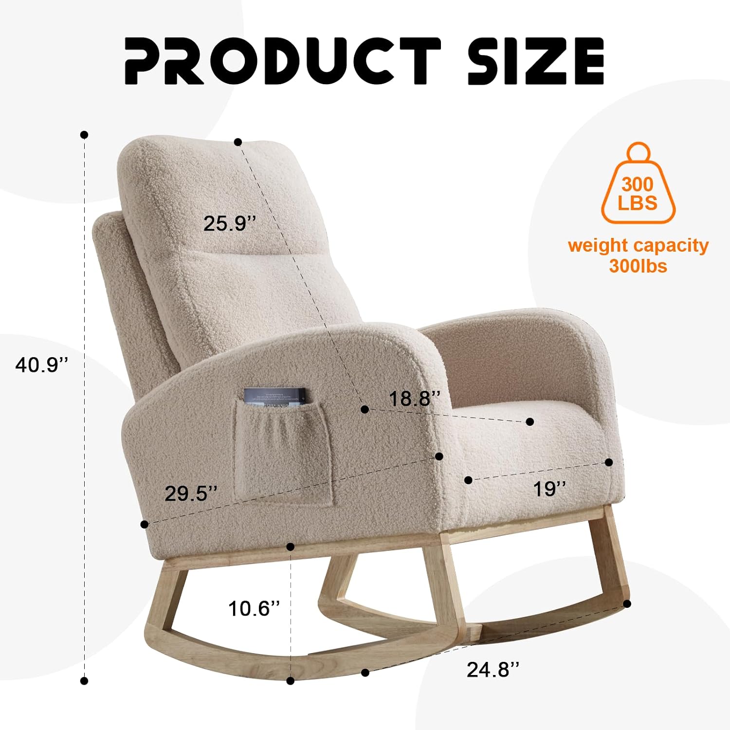 KEIKI Upholstered Rocking Armchair for Bedroom or Apartment, Soft Cushioned Nursery Glider with Wood Legs, High Back Support and Side Pocket for Everyday Comfort