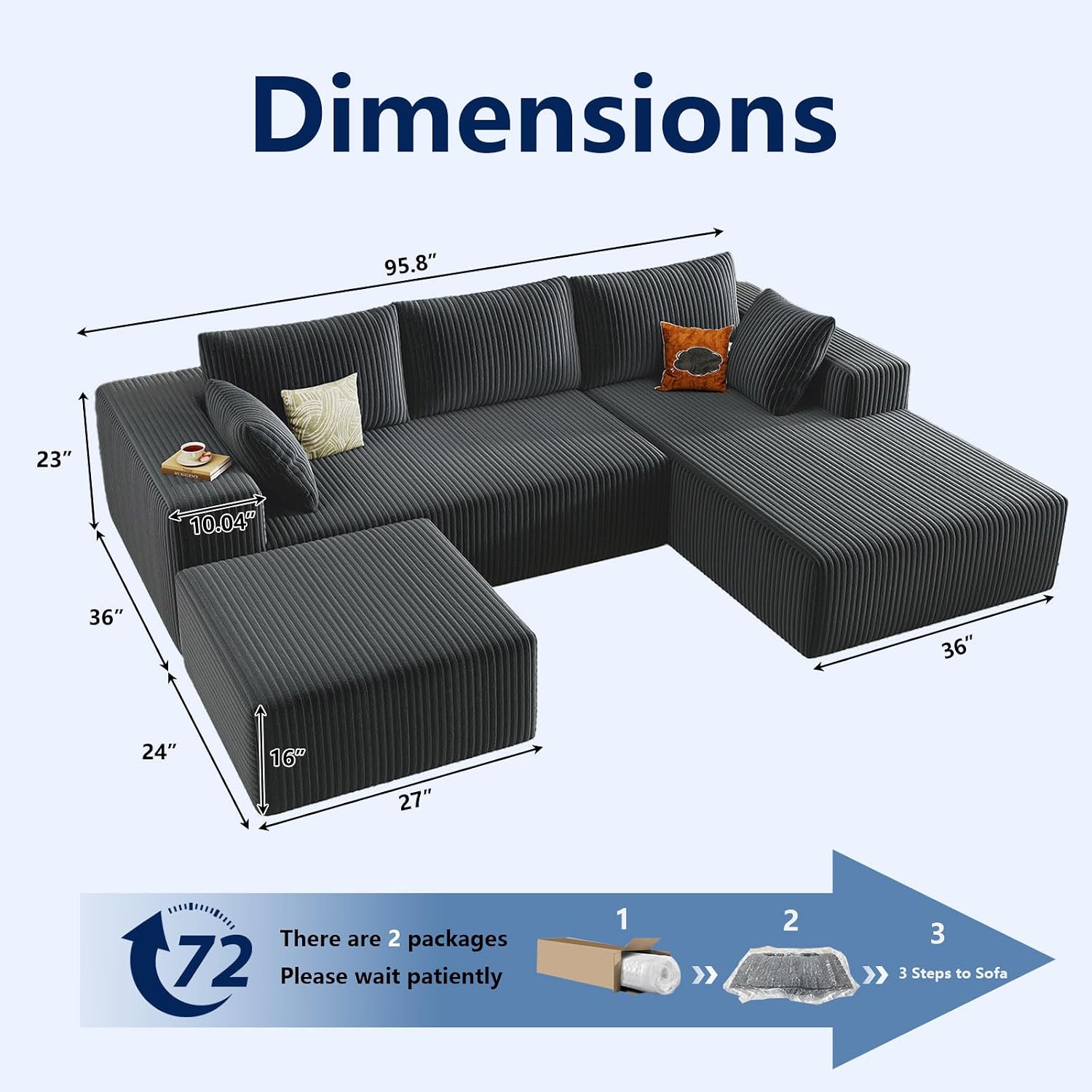 96' Modular Sectional Sofa with Ottoman, Modern Corduroy Cloud Couch with Deep Seat, Boneless Couch Upholstered 3-Seater U-Shaped Sofa for Living Room, No Assembly (Grey, Right-Facing Chaise)