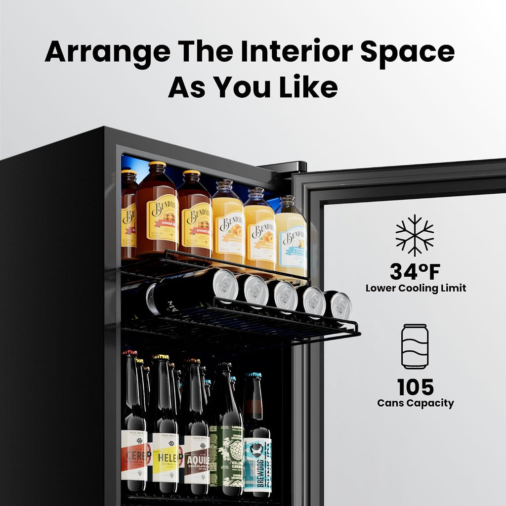Yeego Beverage Refrigerator Cooler, 105-Can Mini Fridge with Glass Door, Adjustable Shelves, Digital Temperature Control for Soda, Beer, and Wine, Ideal for Home or Office