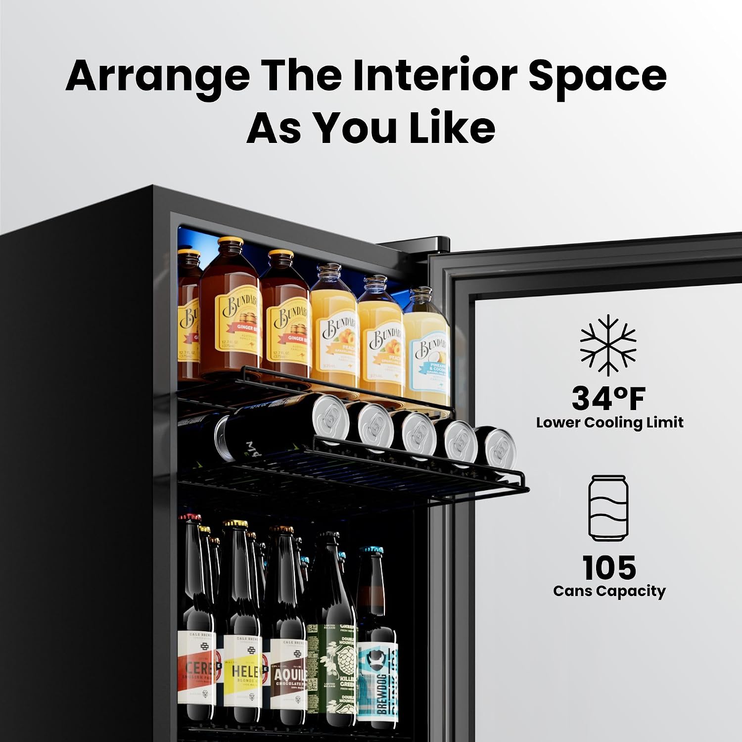 Yeego Beverage Refrigerator Cooler, 105-Can Mini Fridge with Glass Door, Adjustable Shelves, Digital Temperature Control for Soda, Beer, and Wine, Ideal for Home or Office