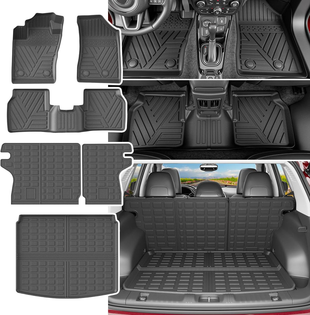 powoq Floor Mats Compatible with 2017-2025 Jeep Compass Trunk Mat Backrest Mat Cargo Liner TPE Replacement for 2017-2025 Jeep Compass Accessories (Trunk Mat+Backrest Mat+Floor Mats)