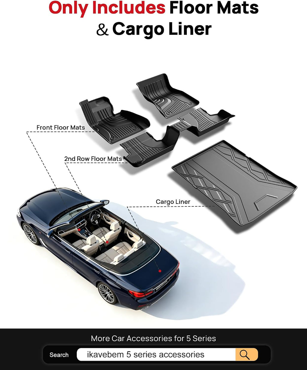Floor Mats & Cargo Mat for 2017-2023 BMW 5 Series G30 (Without Spare Tire Compartment) - All Weather Custom Fit Car Floor Liners for M5(F90) 530i 540i 540d M550i (Not for G31/530e/Touring/Wagon)