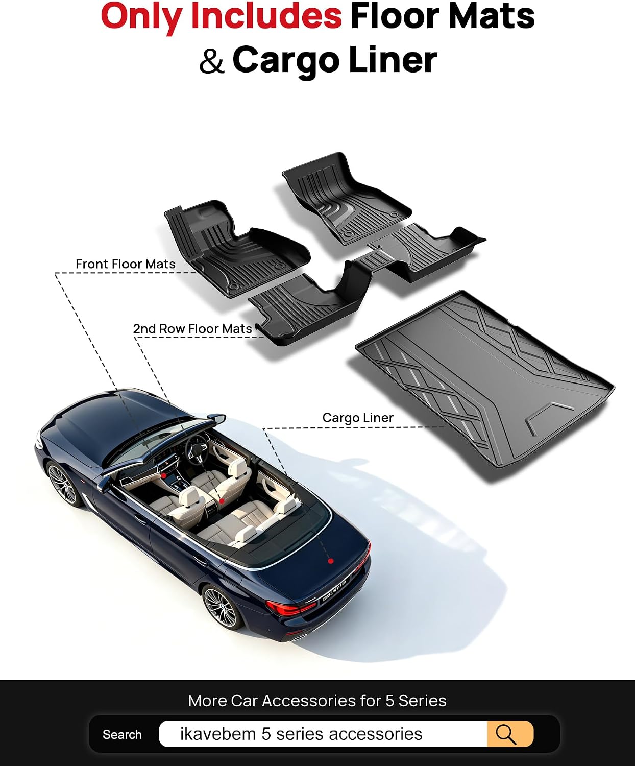 Floor Mats & Cargo Mat for 2017-2023 BMW 5 Series G30 (Without Spare Tire Compartment) - All Weather Custom Fit Car Floor Liners for M5(F90) 530i 540i 540d M550i (Not for G31/530e/Touring/Wagon)