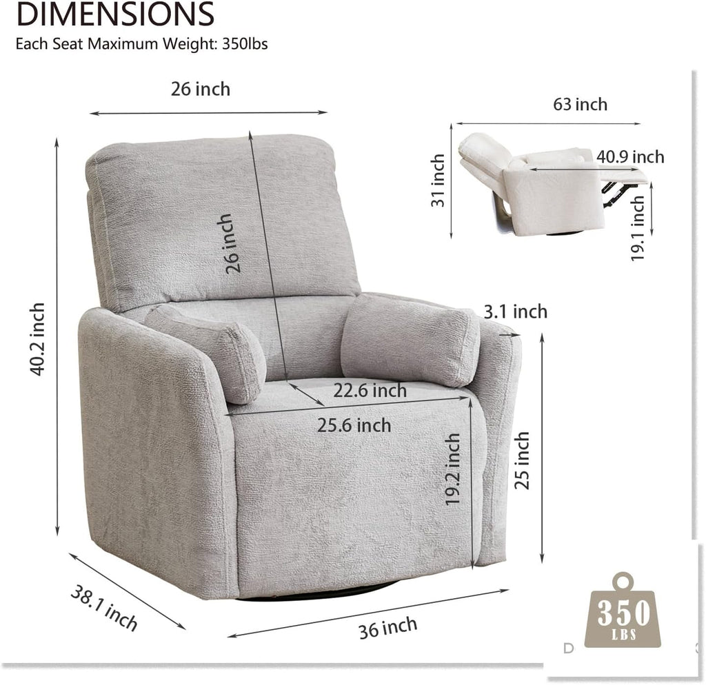 Power Rocker Swivel Recliner Chair for Adults, 26' Extra Wide Glider Reclining Nursery Chair w/USB & Type-C Charger Rocking Chairs for Living Room Bedroom Grey