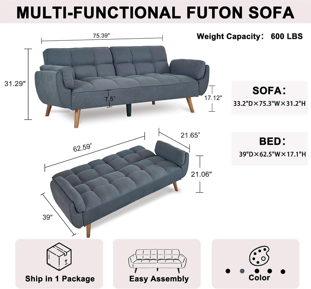 Convertible Futon Sofa Bed, Sleeper Sofa Bed with Adjustable Backrests, Linen Loveseat Sofa Small Couches for Small Spaces, Living Room, Bedroom (Dark Gray)
