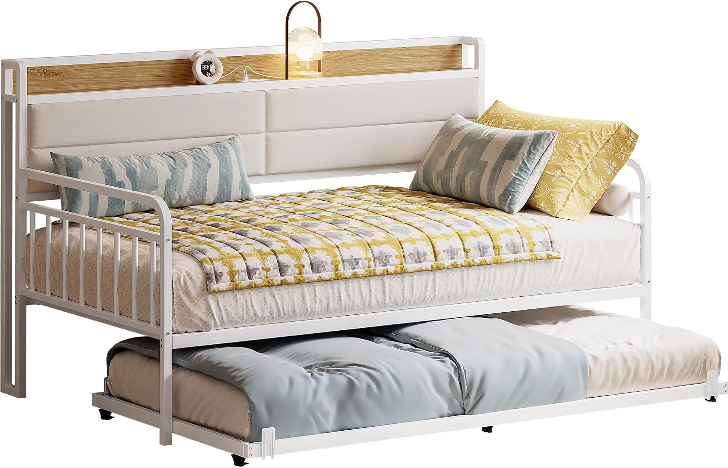 LIKIMIO Daybed with Trundle, Sturdy Metal Twin XL Size Bed Frame with Upholstered Headboard and Charging Station for Living Room, Bedroom and Guest Room, White