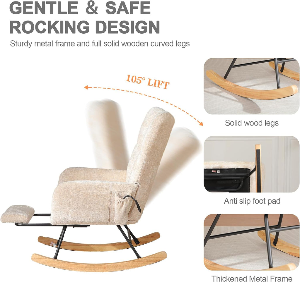 Rocking Chair Nursery with Airbag, Comfy Modern Nursery Rocking Reading Chair Indoor with Footrest, Cozy Upholstered Glider Rocker Chairs for Living Room Bedroom Offices(Chenille, Beige)