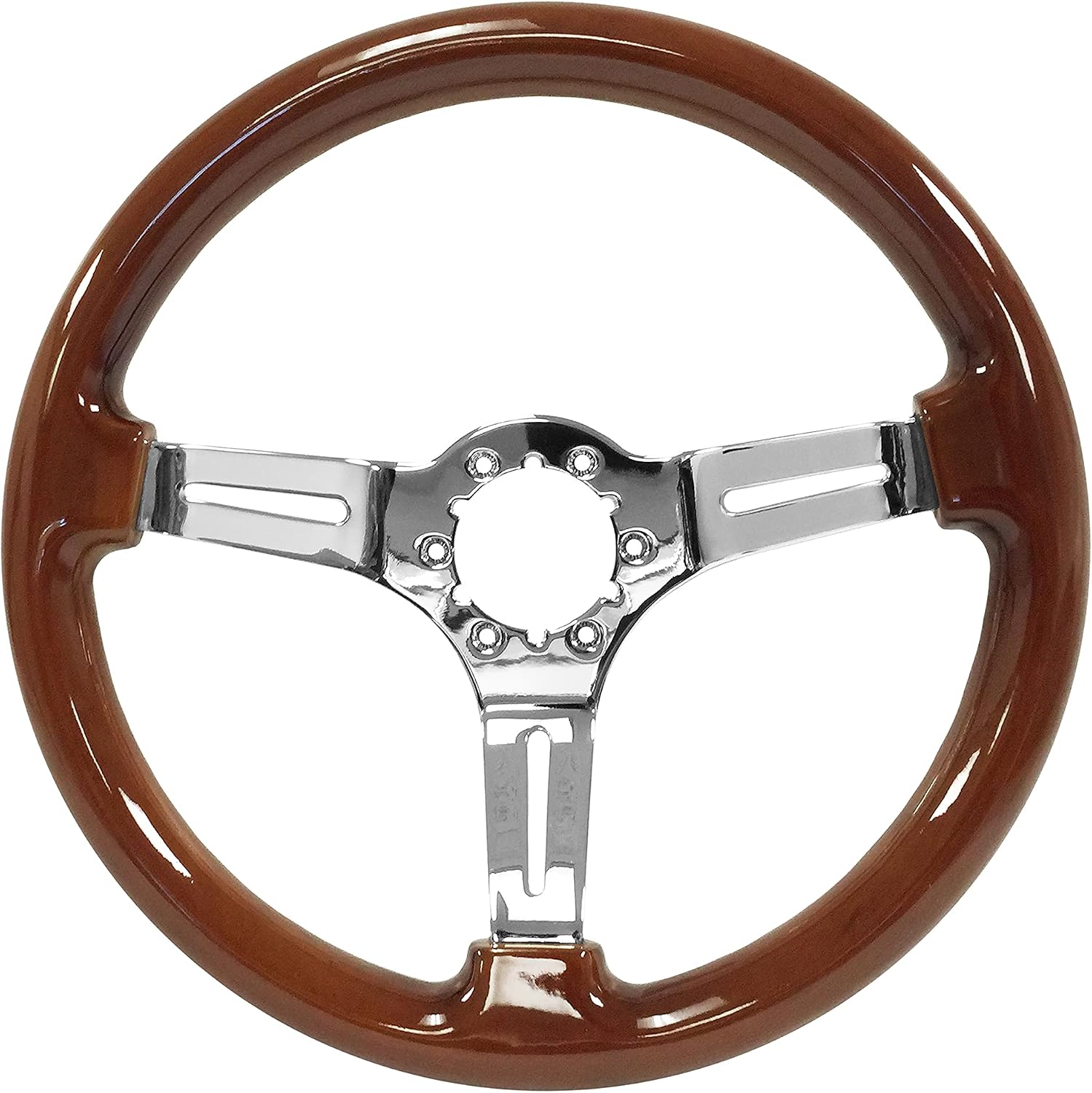 VSW S6 Steering Wheel, Mahogany 6 Bolt Chrome Slotted 3-Spoke ST3011