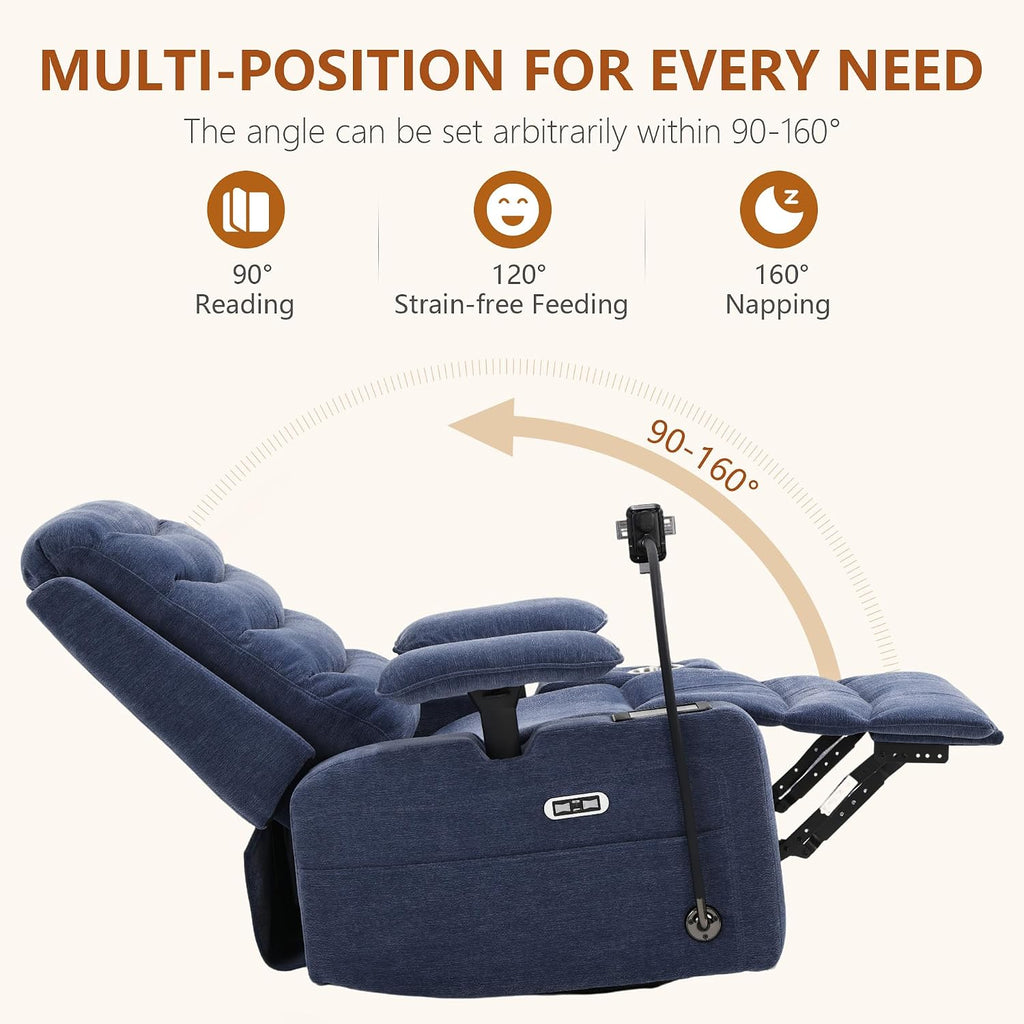 Holaki Rocking Chair Nursery, Oversized Glider Recliner Nursery Chair Swivel Reading Chair with Heated Lumbar Support Smart Cup Holder and Fast-Charging Phone Mount for Breastfeeding(Blue)
