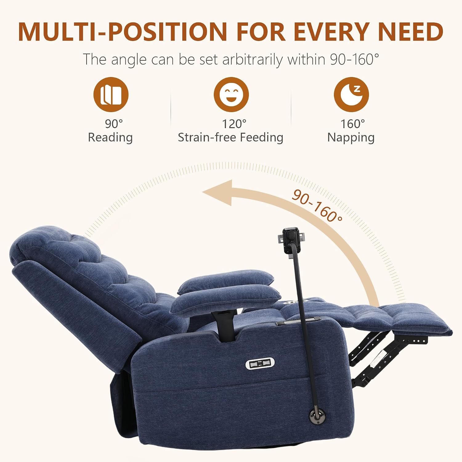 Holaki Rocking Chair Nursery, Oversized Glider Recliner Nursery Chair Swivel Reading Chair with Heated Lumbar Support Smart Cup Holder and Fast-Charging Phone Mount for Breastfeeding(Blue)