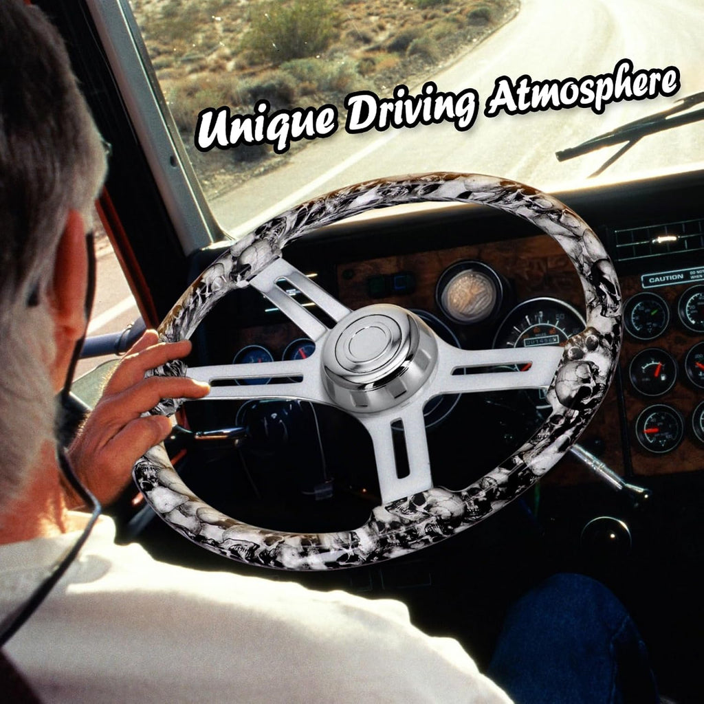 Sorghum 18' Solid Wood Steering Wheel - Hydrographic White Skulls 4 Spokes Aluminum Chrome Steering Wheel with Horn Button for Trucks Compatible with Mack Kenworth Peterbilt Volvo Freightliner