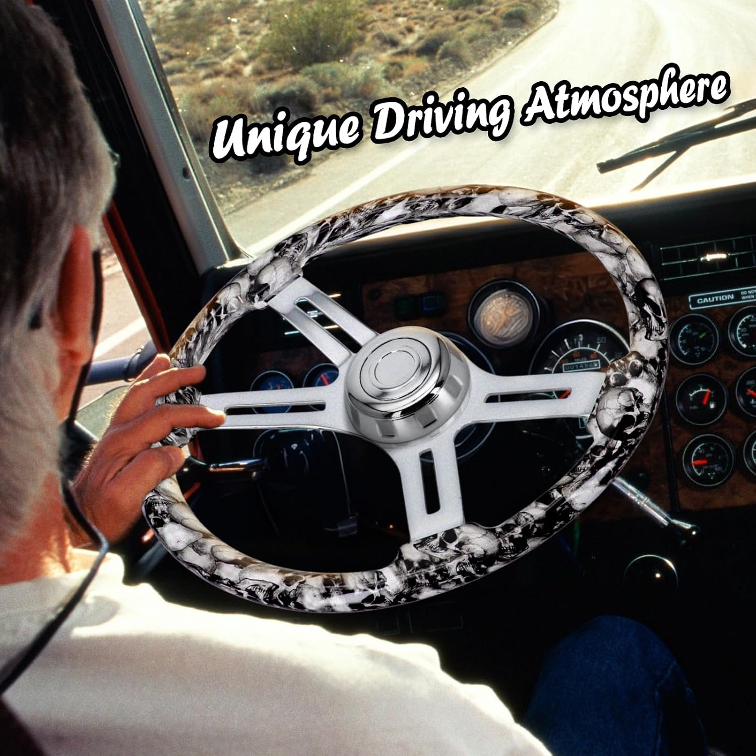 Sorghum 18' Solid Wood Steering Wheel - Hydrographic White Skulls 4 Spokes Aluminum Chrome Steering Wheel with Horn Button for Trucks Compatible with Mack Kenworth Peterbilt Volvo Freightliner