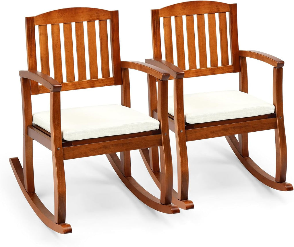 VINGLI Patio Rocking Chair with Cushion, Wood Rocking Bench with Comfortable Backrest, Outdoor Wooden Rocker Support 450 LBS for Indoors & Outdoors, Teak(2 PCS)