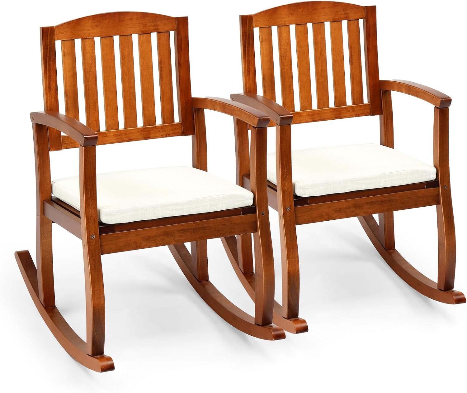 VINGLI Patio Rocking Chair with Cushion, Wood Rocking Bench with Comfortable Backrest, Outdoor Wooden Rocker Support 450 LBS for Indoors & Outdoors, Teak(2 PCS)