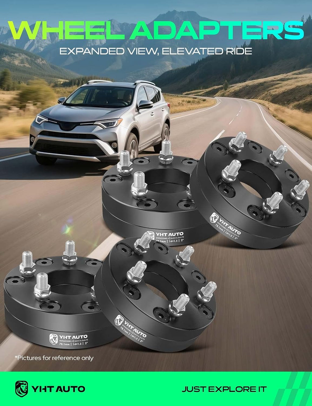 YHTAUTO 6x5.5 to 5x4.75 Wheel Adapters 2' Compatible with Chevrolet Cadillac GMC Ram Models: Silverado Yukon, Tire Spacers w/M14x1.5 & 12.9 Grade Studs, 78.1mm Center Bore 4PCS Black