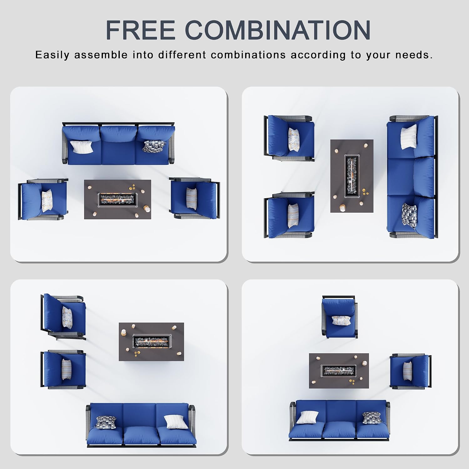4 Pieces Modern Patio Furniture Set, All Weather Metal Outdoor Conversation Sets with Fire Pit Table for Backyard Garden Deck Porch Poolside, Blue