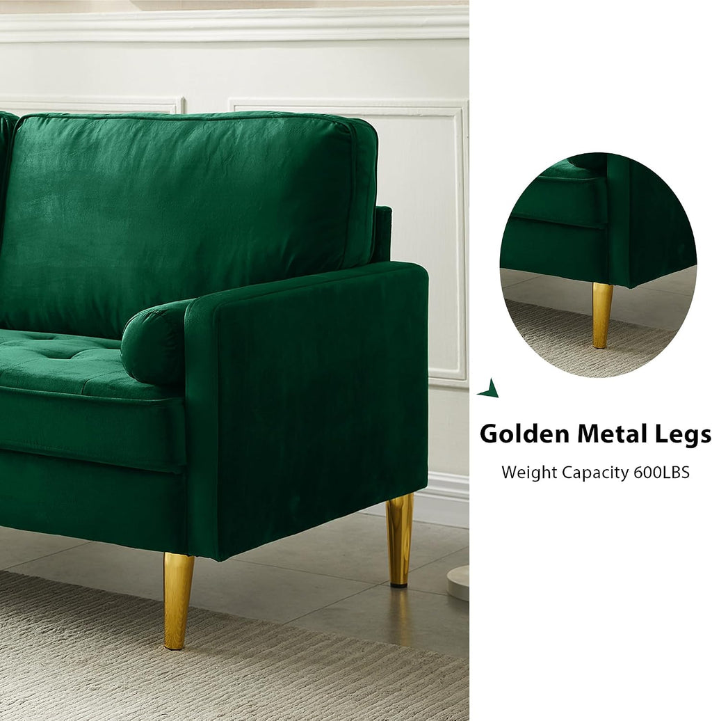 67' Modern Velvet Loveseat Sofa Couch, Mid-Century Tufted Upholstered Small Love Seat Couch with 2 Pillows & 4 Golden Legs, 2-Seats Couches for Compact Space, Living Room, Apartment (Emerald)
