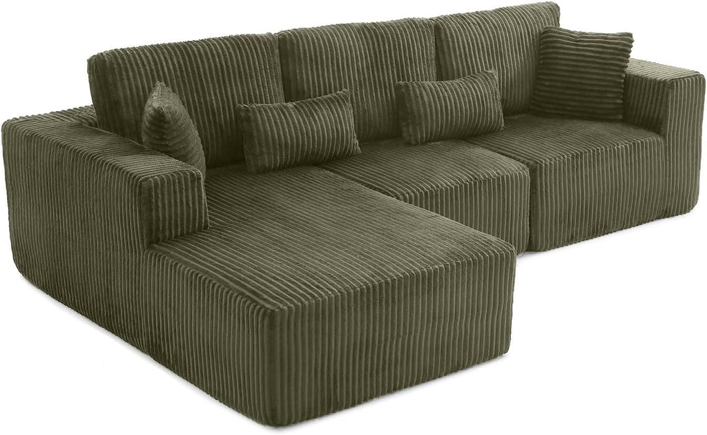 110' Cloud Couch Sectional, L Shaped Boneless Couch Sectional Couches for Living Room, Modern Comfy Corduroy Fluffy Modular Sofa with Deep Seat, No Assembly (Green, Left Facing Chaise)