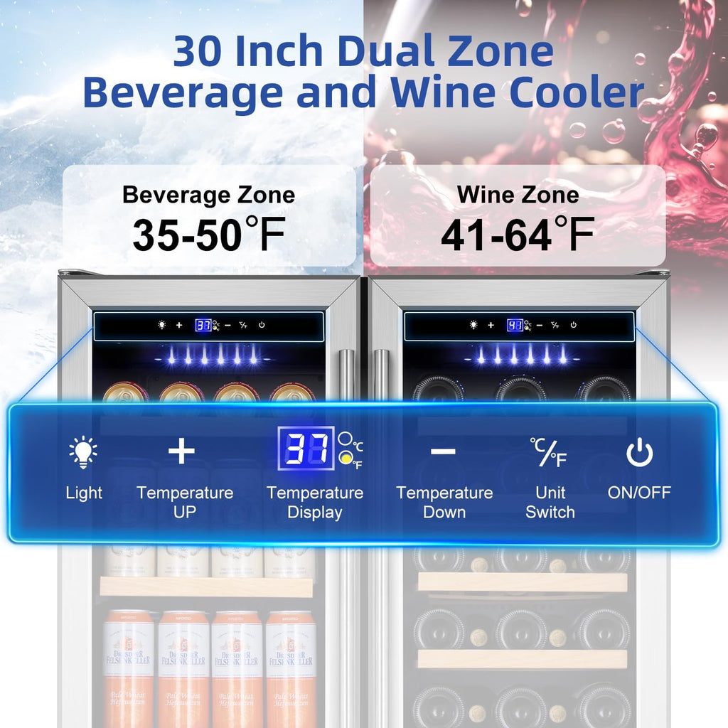 Tylza 30 Inch Wine and Beverage Refrigerator, Dual Zone Wine Beverage Cooler 30' with French Door, Under Counter Wine Beer Fridge Built-In or Freestanding, Holds 29 Bottles and 110 Cans TYBC200