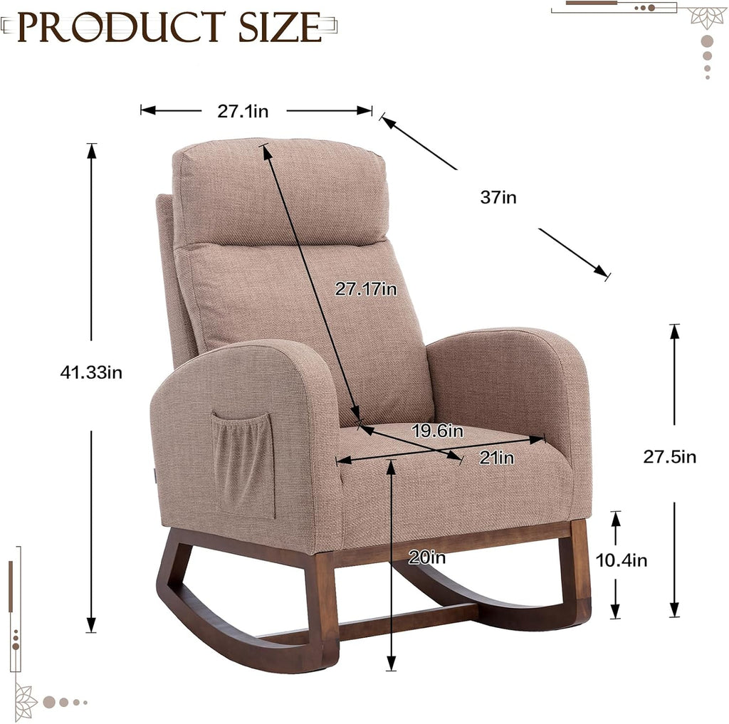 Upholstered Rocking Chair for Nursery, Accent Glider Rocker with Side Pocket, Comfy Armchair with Tall Backrest and Double Layer Cushion, Baby Nursery Glider for Living Room, Bedroom (Camel Brown)
