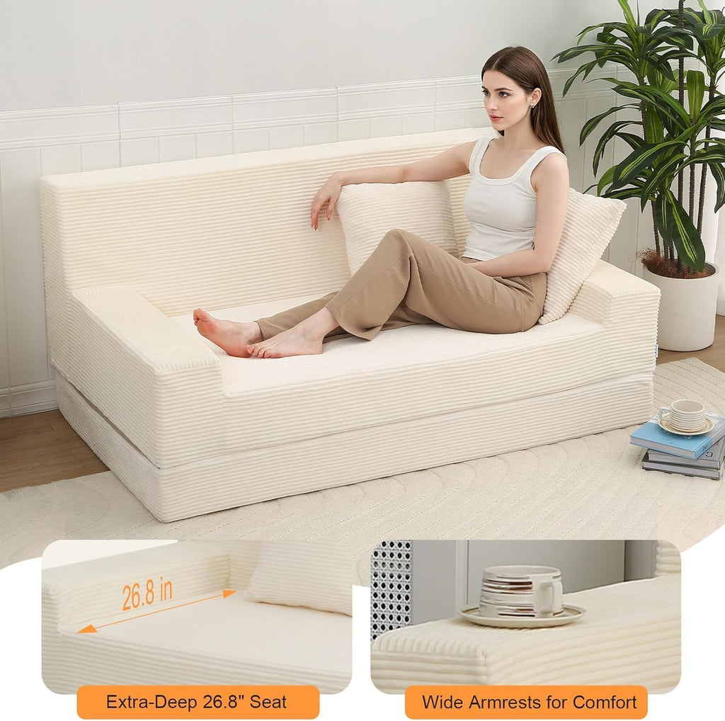 MeMoreCool Boneless Folding Queen Sofa Bed – Corduroy Convertible Futon Sleeper Couch with Foam Core & Pillow, Washable Cover, Space-Saving Floor Sofa for Living Room, Guest Bedroom, Apartment