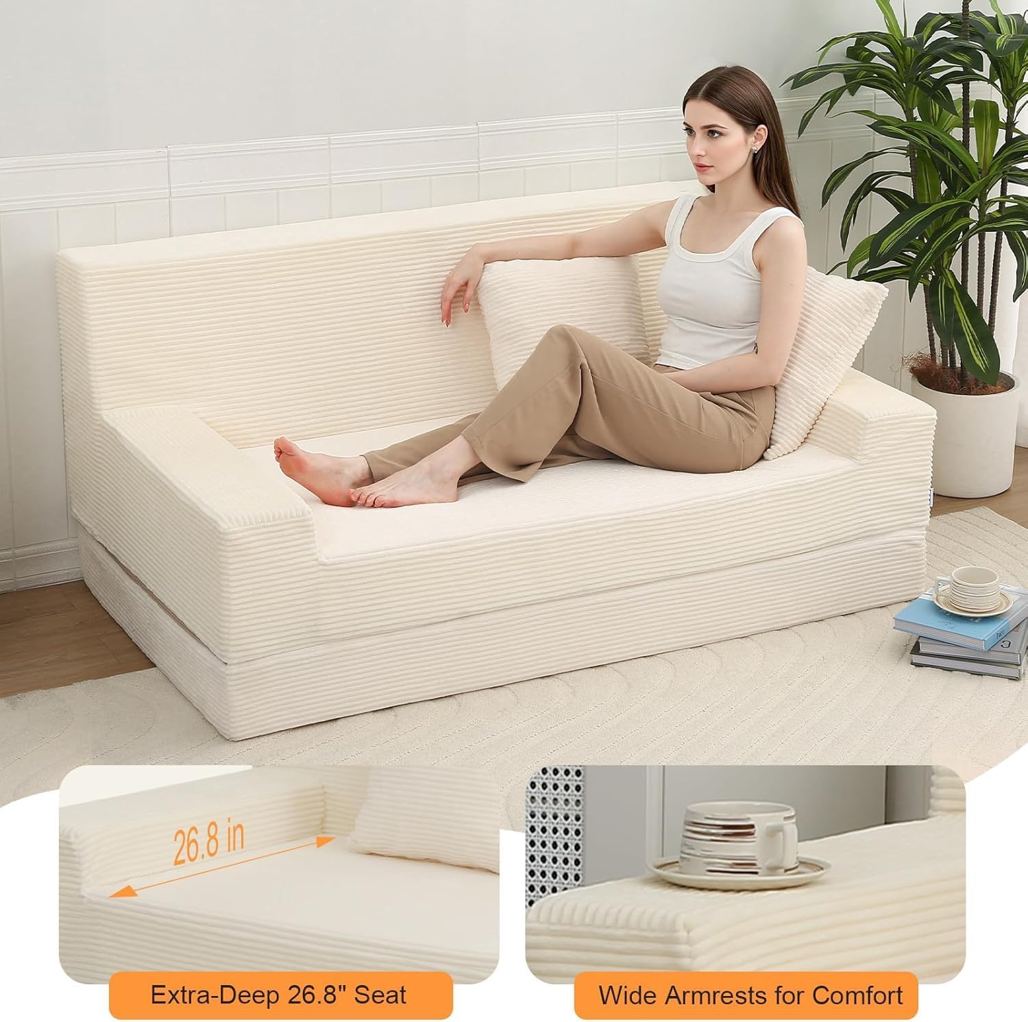 MeMoreCool Boneless Folding Queen Sofa Bed – Corduroy Convertible Futon Sleeper Couch with Foam Core & Pillow, Washable Cover, Space-Saving Floor Sofa for Living Room, Guest Bedroom, Apartment