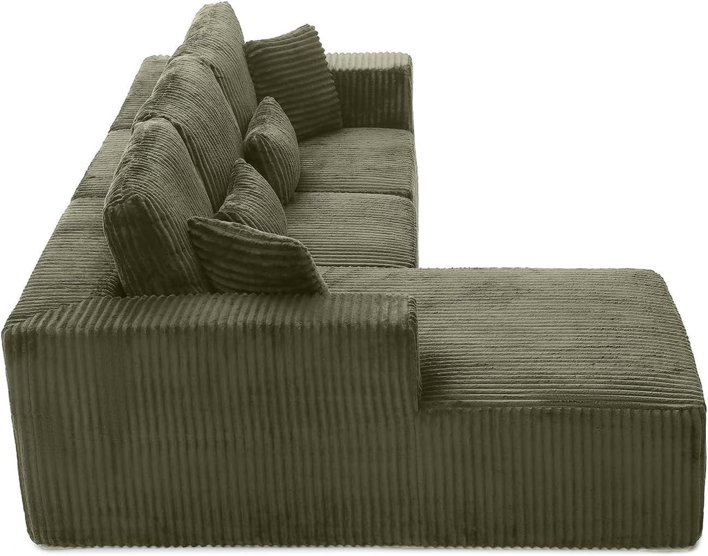 110' Cloud Couch Sectional, L Shaped Boneless Couch Sectional Couches for Living Room, Modern Comfy Corduroy Fluffy Modular Sofa with Deep Seat, No Assembly (Green, Left Facing Chaise)