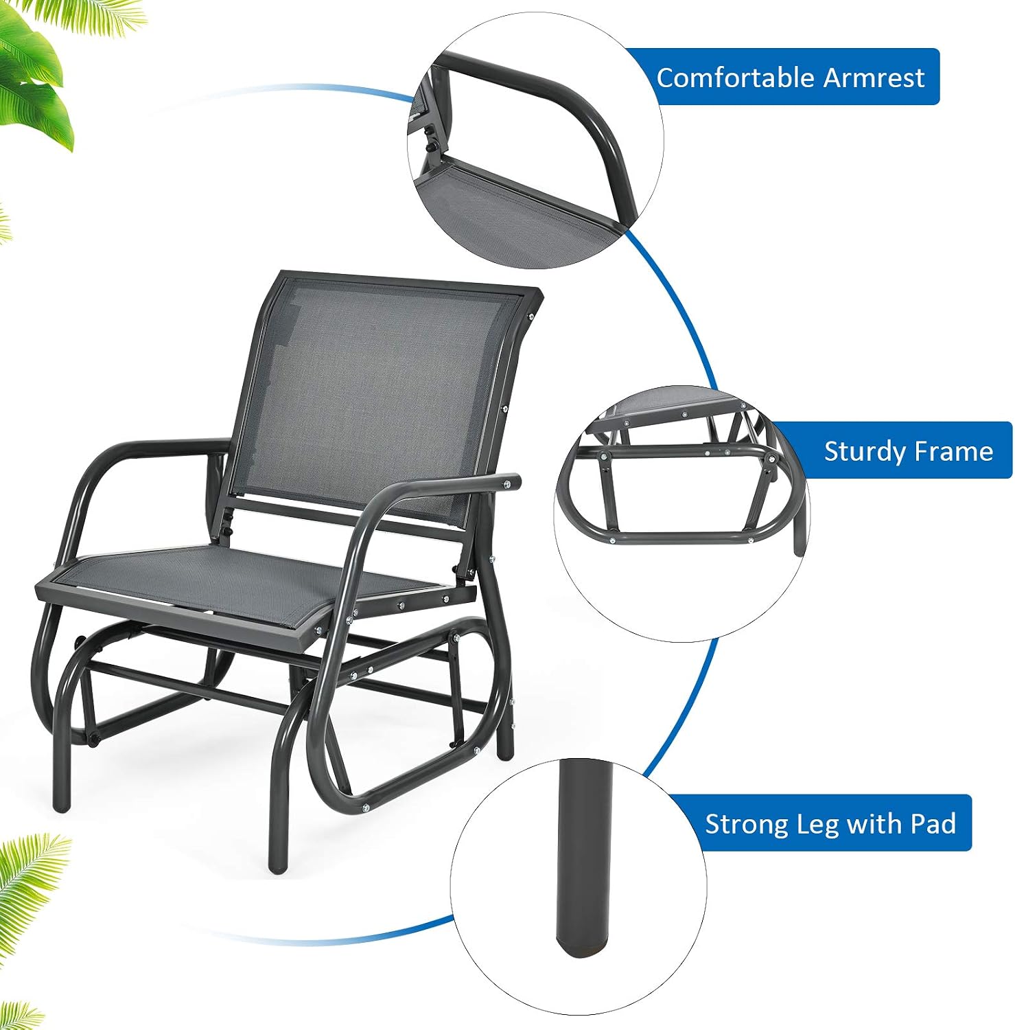 Giantex Swing Glider Chair W/Study Metal Frame Comfortable Patio Chair Love-Seat for Garden, Porch, Backyard, Poolside, Lawn Outdoor Rocking Chair (2, Gray)