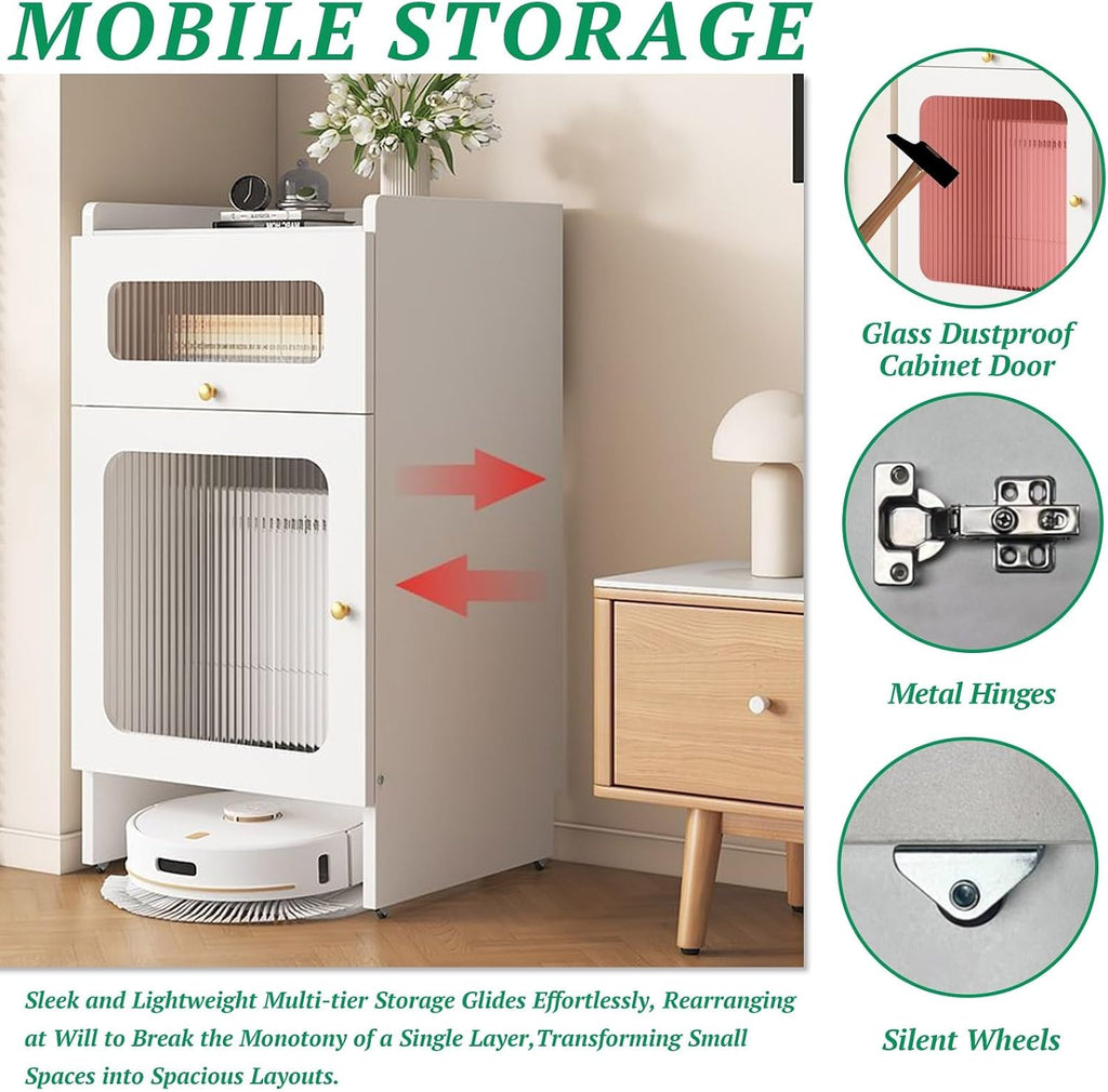 Mobile Storage Cabinet Corner Hidden Robot Vacuum Stand for Self-Emptying Robot Vacuum and Mop Storage Cabinet with Drawers Wood Accent End Table Wheels Home Living Room(White,19.6x15.7x29.5in)