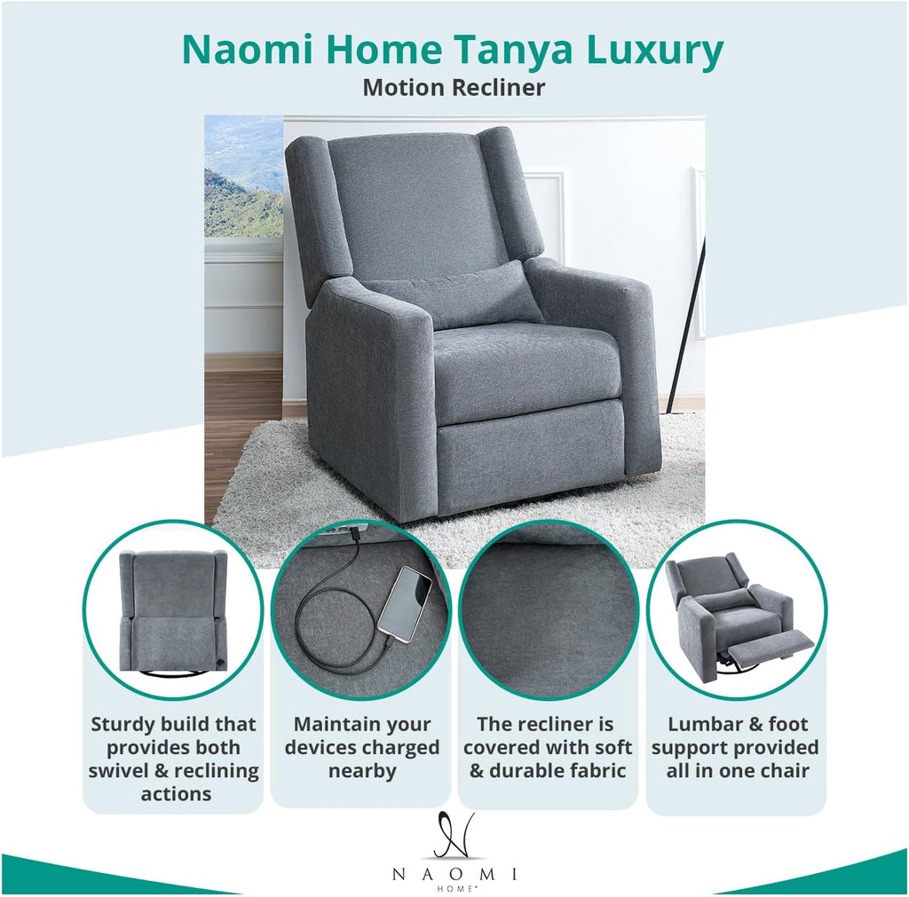 Naomi Home Tanya Luxury Motion Recliner Chair, Light Gray – Plush Upholstered Glider Rocker with USB Charging, Swivel, and Lumbar Support for Nursery Comfort, 275 lbs Capacity