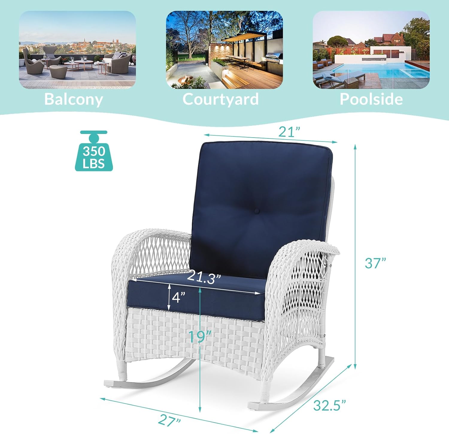 MEETWARM Outdoor Wicker Rocking Chair, Rattan Patio Rocker Chairs with Cushions and High Back, All-Weather Patio Wicker Chair with Safe Rocking Design for Garden Backyard Porch, White/Navy