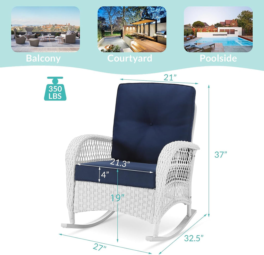 MEETWARM Outdoor Wicker Rocking Chairs Set of 2, Rattan Patio Rocker Chairs with Thick Cushions and High Back, All-Weather Patio Wicker Chair with Safe Rocking Design for Garden, White/Navy