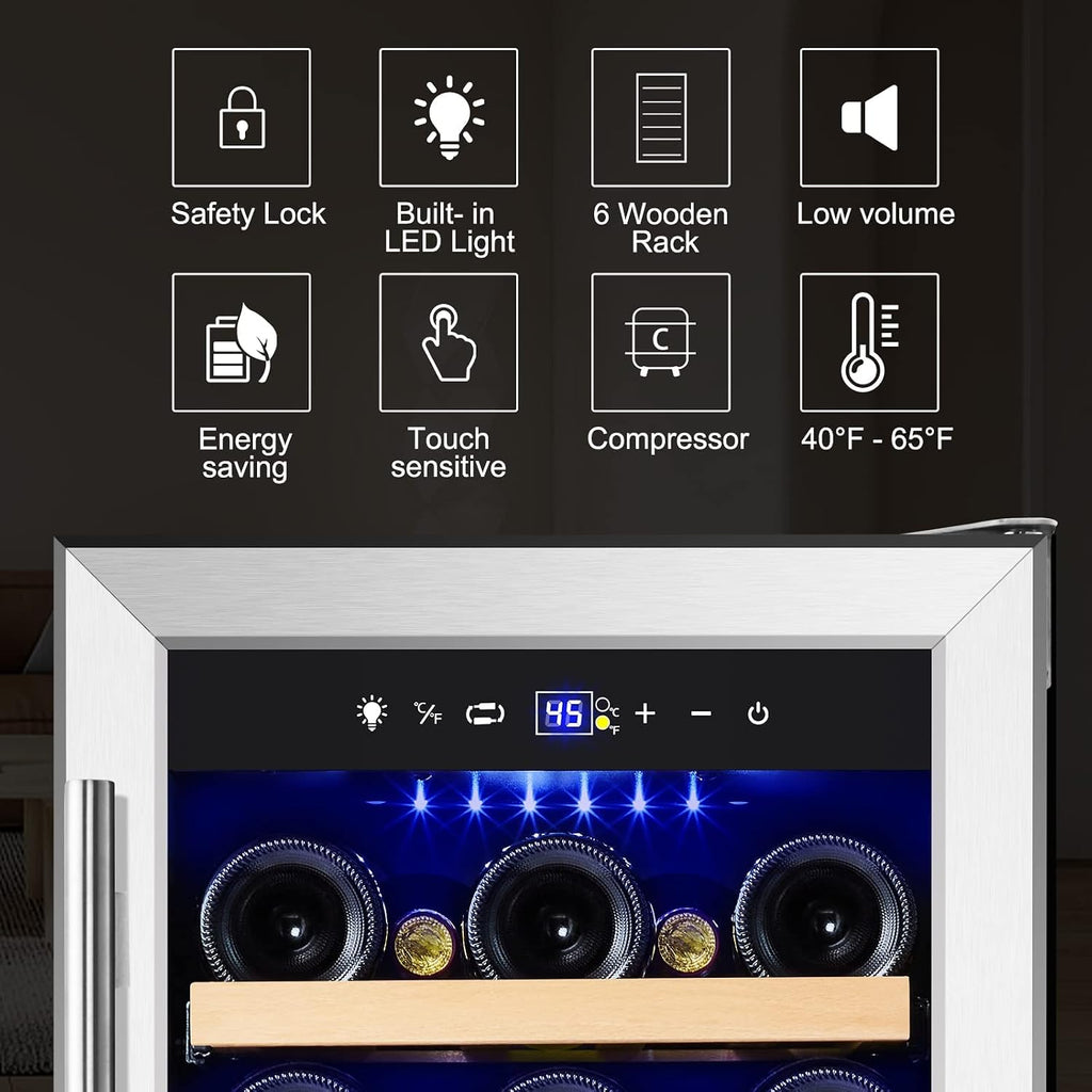 Tylza Wine Fridge 15'', 30 Bottles Wine Cooler Refrigerator, Undercounter or Freestanding, Removable Shelves, 40-65°F, Wine Cabinet with Double Glass Door, Wine Cooler for Home, Kitchen, Bar