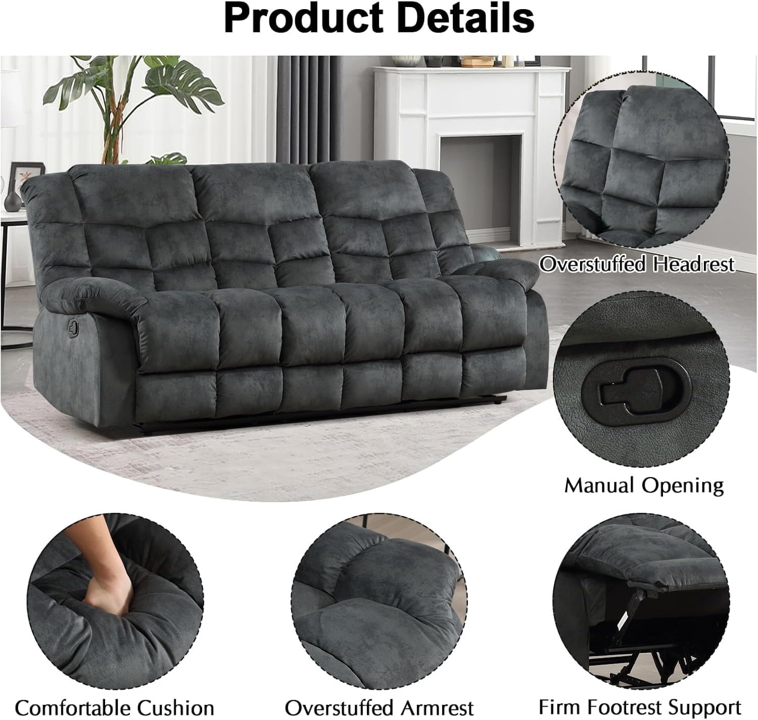 CANMOV Manual Reclining Sofa Set, 3 Pieces Recliner Sofa Set, Manual Recliner Chair, Reclining Loveseat and 3-Seat Sofa for Living Room, 3 Pieces Furniture Set, Grey (1+2+3)