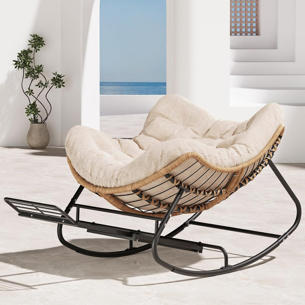 SWITTE Outdoor Papasan Rocking Chair with Footrest, Oversized Patio Egg Chair with Thick Cushion, Indoor Wicker Lounge Rocker Bed for Balcony, Porch, Garden, Beige