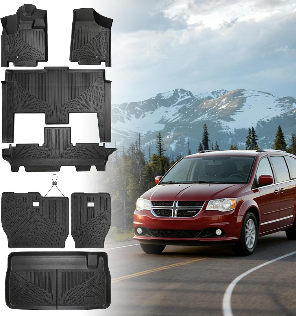 Floor Mats for Chrysler Town & Country 2008-2010 2011 2012 2013-2016(ONLY Stow'n Go) & for Dodge Grand Caravan 2008-2015 2016-2018 2019-2021,TPE Custom Floor Liners & Seatback Mat & Cargo Liner