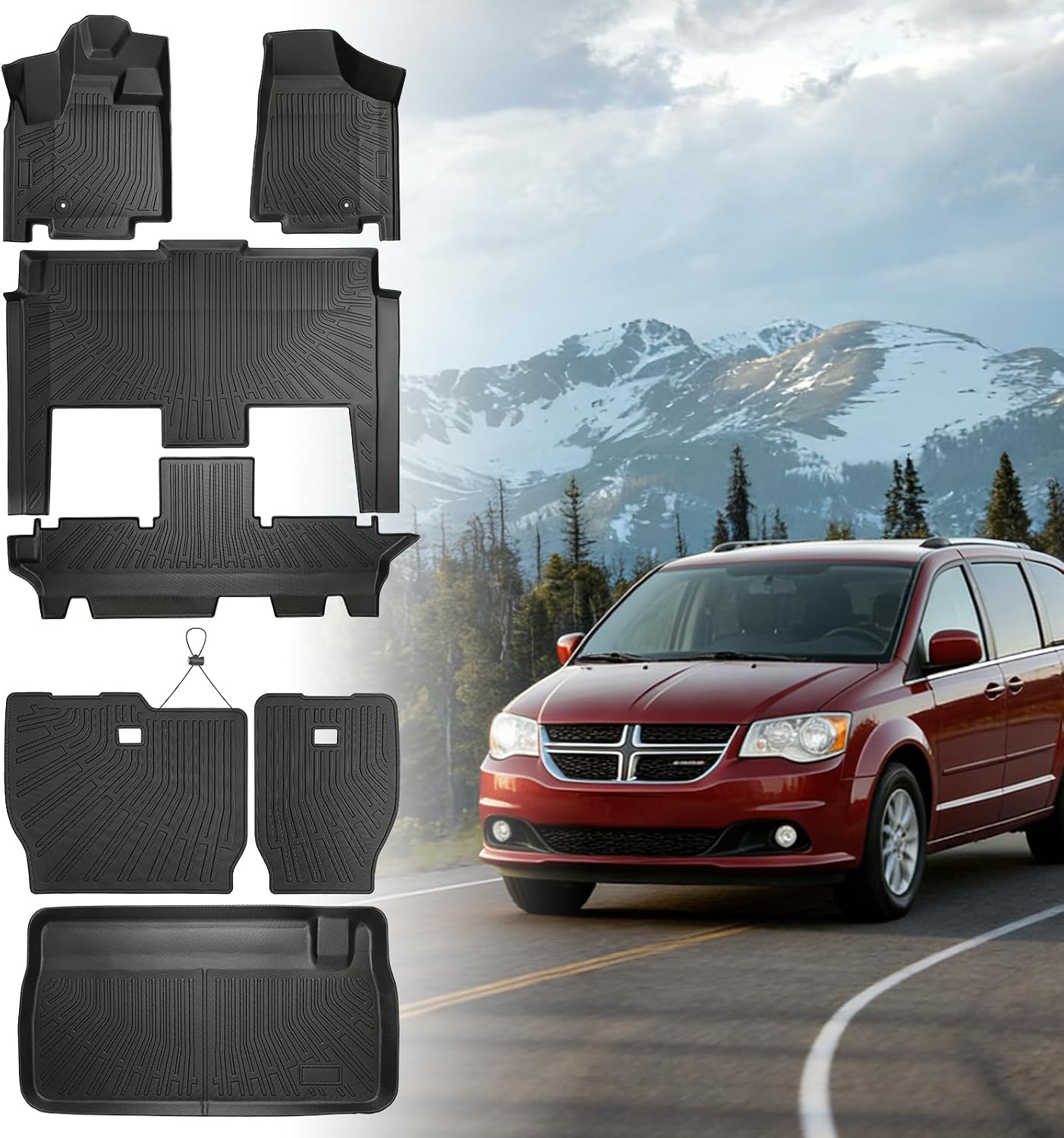 Floor Mats for Chrysler Town & Country 2008-2010 2011 2012 2013-2016(ONLY Stow'n Go) & for Dodge Grand Caravan 2008-2015 2016-2018 2019-2021,TPE Custom Floor Liners & Seatback Mat & Cargo Liner