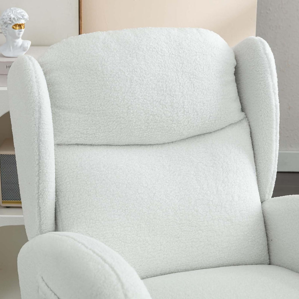 Antetek Rocking Glider Chair for Nursery, Wingback Teddy Upholstered Rocker Chair with High Backrest, Modern Indoor Accent Reading Arm Chair for Living Room, Hotel, Bedroom, Baby Room, Ivory