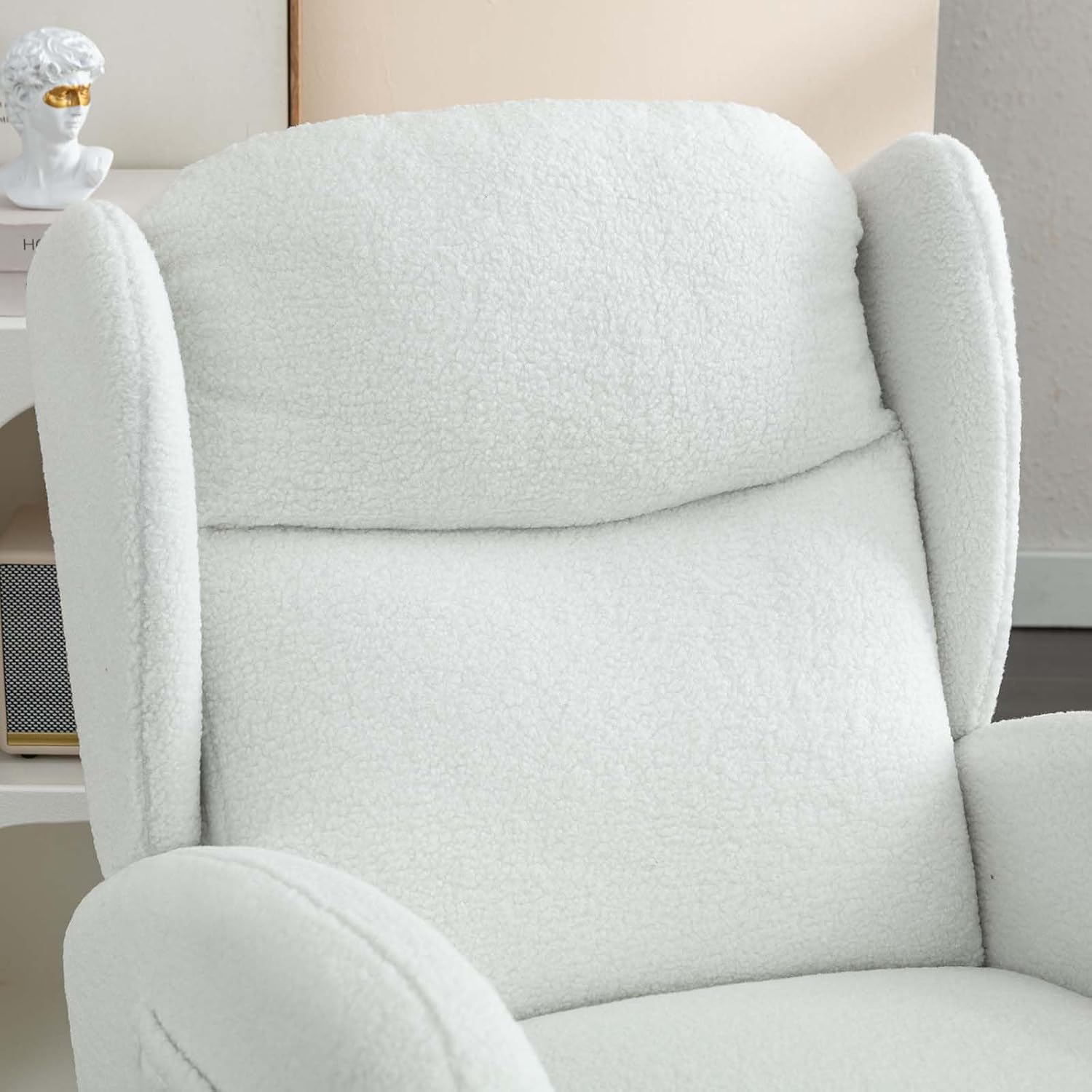 Antetek Rocking Glider Chair for Nursery, Wingback Teddy Upholstered Rocker Chair with High Backrest, Modern Indoor Accent Reading Arm Chair for Living Room, Hotel, Bedroom, Baby Room, Ivory
