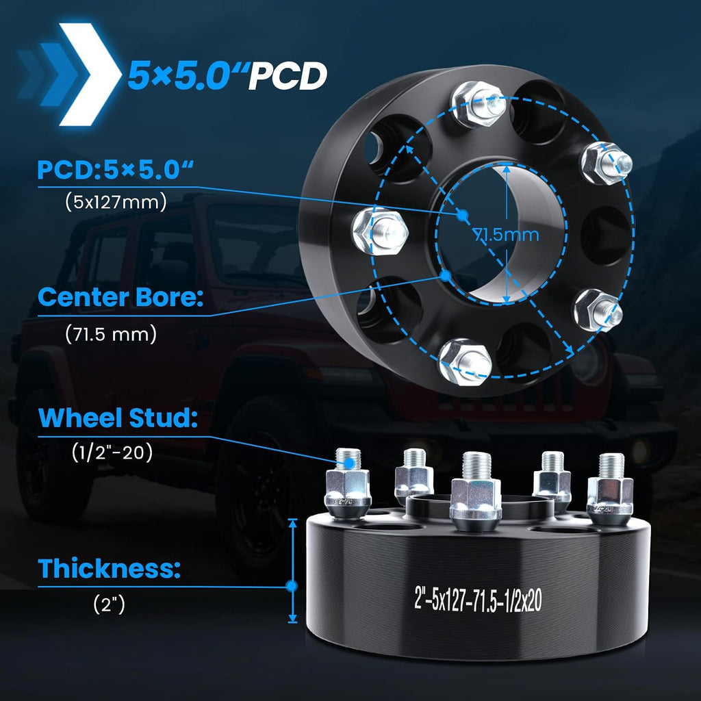 5x5 Wheel Spacers Hubcentric Real Forged Spacers Center Bore 71.5mm 1/2'-20 Studs for 2007-2017 Wrangler JK/JKU, 2'(50.8mm) Commander XK for 5 Lug Set of 4 Black
