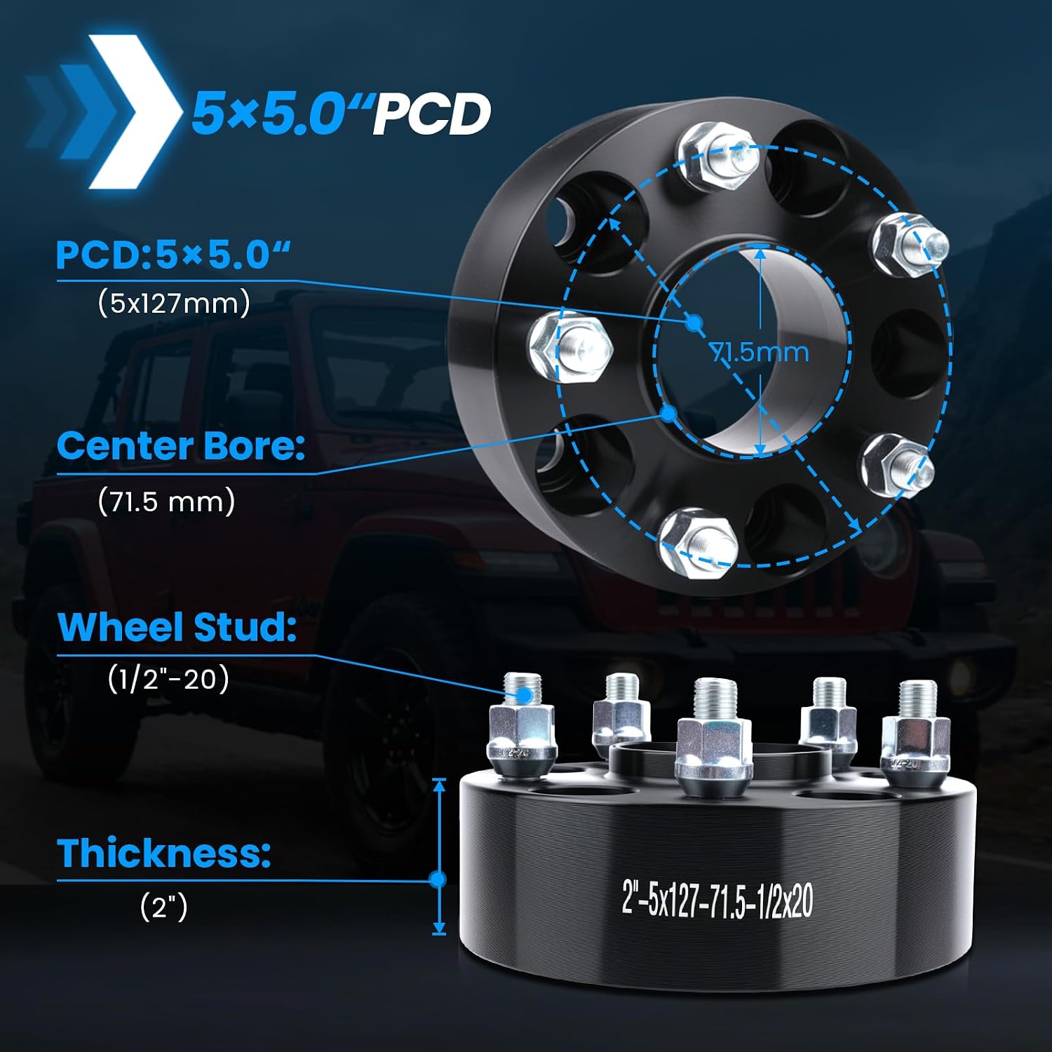 5x5 Wheel Spacers Hubcentric Real Forged Spacers Center Bore 71.5mm 1/2'-20 Studs for 2007-2017 Wrangler JK/JKU, 2'(50.8mm) Commander XK for 5 Lug Set of 4 Black