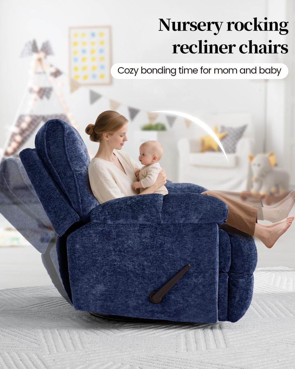Oversized Manual Recliner Chair with 360° Swivel, Big and Tall Rocker Glider for Nursery Living Room, Chenille Overstuffed Reclining Sofa with Handle, 375lbs (Blue, Manual)